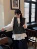Autumn Lace Patchwork Tie-Up Stand Collar Long Sleeve Shirt for Women