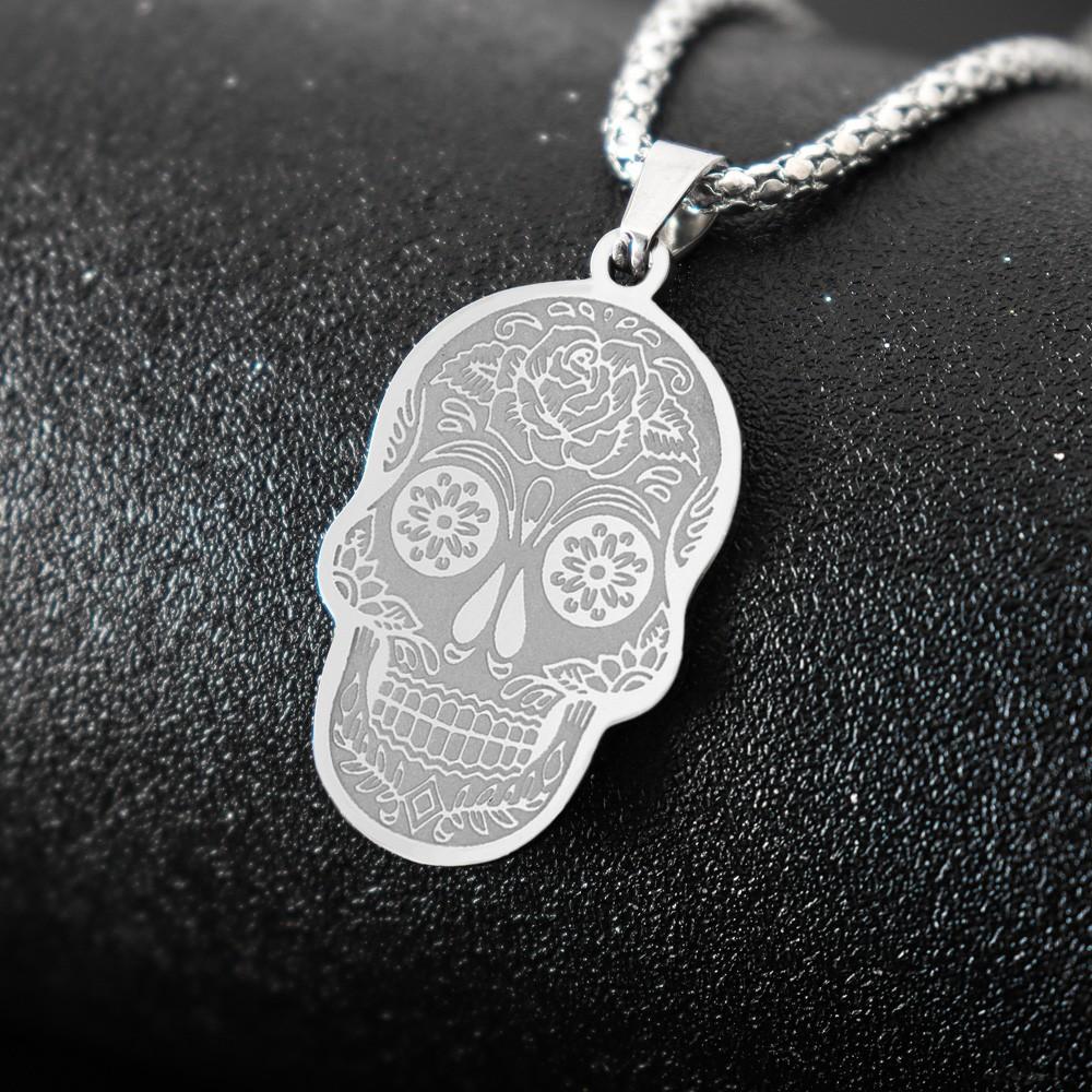 Fashion Pop Stainless Steel Flower Skull Pendant Necklace Skull Pendant Necklace Holiday Gift Accessories