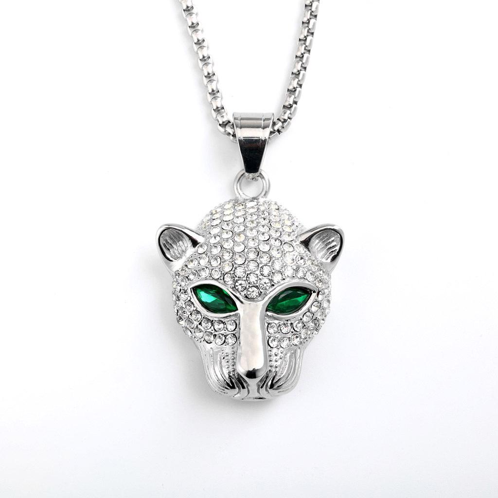 

European & American Stainless Steel Unisex Necklace with Rhinestone Leopard Head Pendant