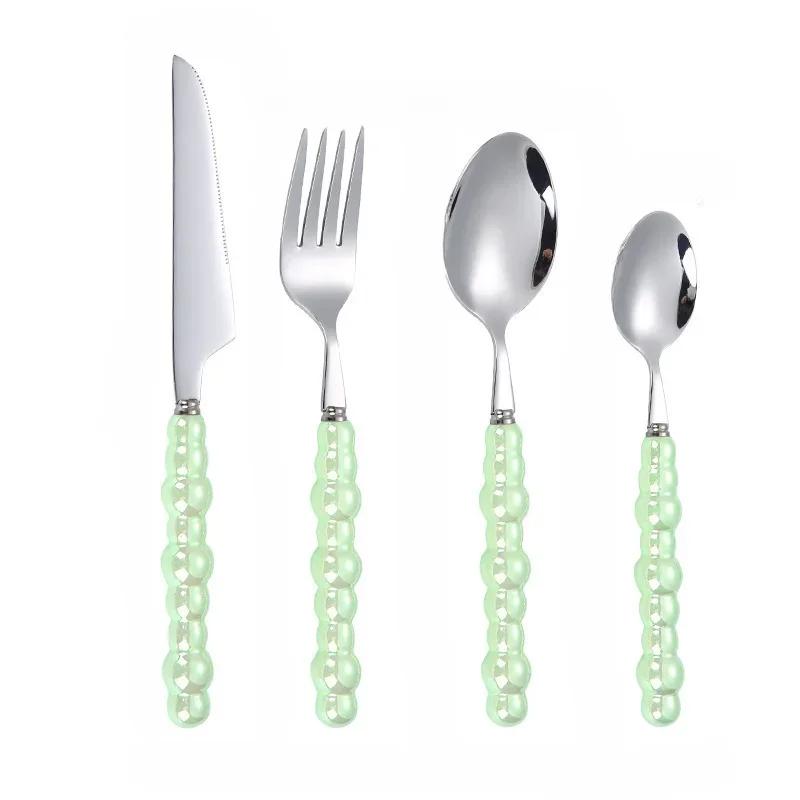 4Pcs Gold Dinnerware Set Stainless Steel Cutlery Knife Tea Fork Coffee Spoon Pearl Ceramic Handle Flatware Utensils for Kitchen