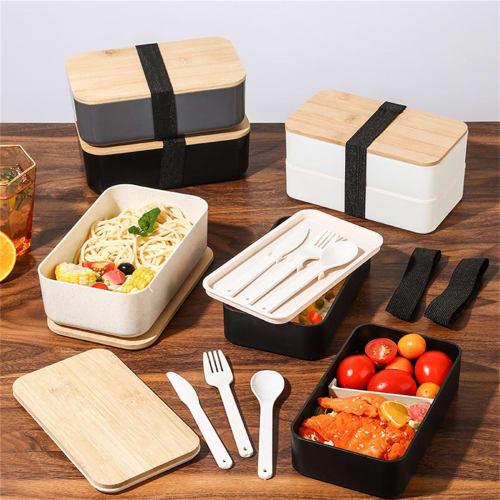 Multifunctional 2-Tier Bento Box with Bamboo Lid, Large Capacity, Leak-Proof, Adjustable Dividers, Dishwasher and Microwave Safe, Japanese Style, Suit