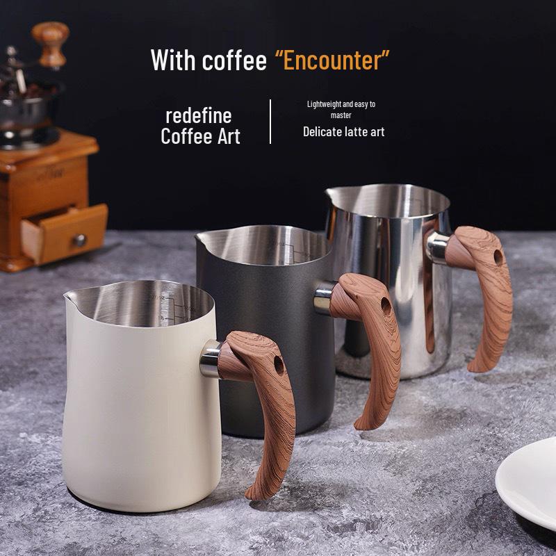 Stainless Steel Latte Art Cup with Wooden Handle and Scale - Thickened Milk Frothing Cup with Pointed Spout for Coffee Art
