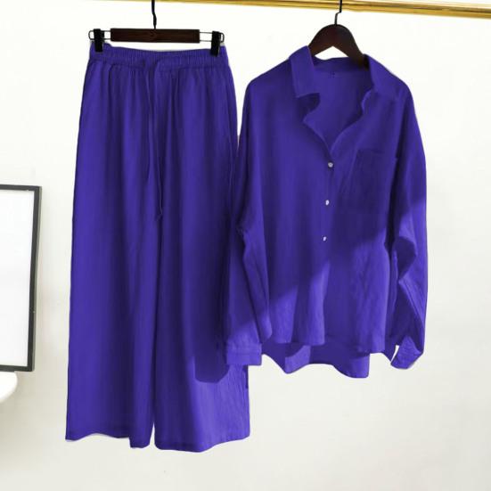 2Pcs/Set Lapel Long Sleeve Casual Outfit Single Breasted Elastic Waistband Pockets Solid Color