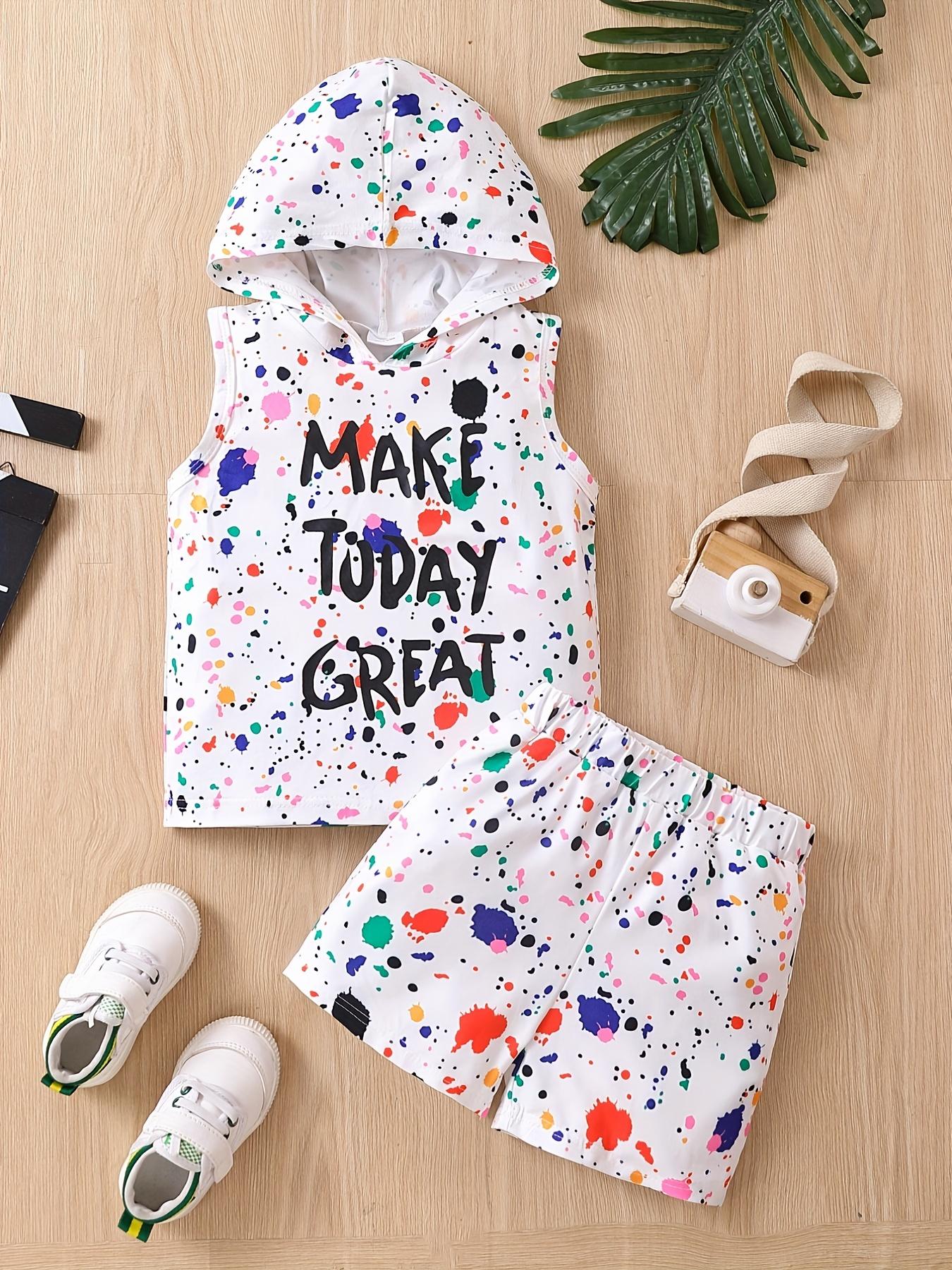 Two-piece set with full letter-print tie-dye hooded girls  fashionable outfit - summer colorful dots sleeveless top and shorts casual clothing 18-24M белый