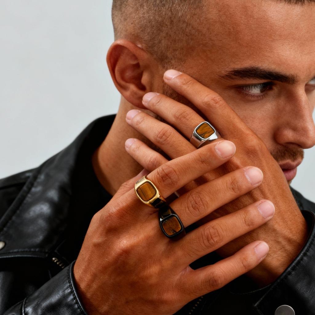 Tiger Eye Stone Signet Ring for Men,Stainless Steel Brown Natural Stone Ring,Rock Punk Cool Fashion Jewelry Gift