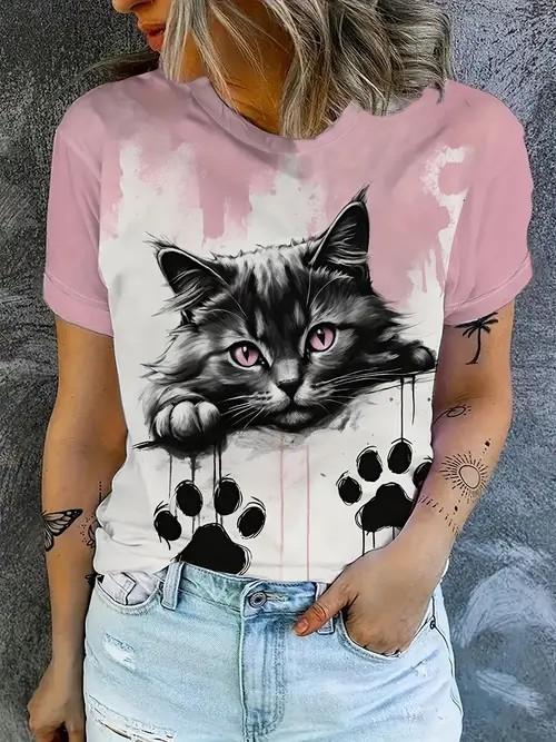 Cartoon Cat T-Shirts Cute Kitten Animal 3D Print Women's Short Sleeve Round Neck T Shirt Tees Harajuku Y2K Tops Female Clothing