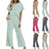 Women Striped Two Piece Outfit Short Sleeve Top Wide Leg Pants Casual Loungewear Set