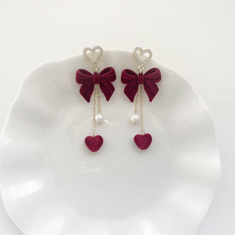 Süße Rote Samt Schleife Lange Quasten Ohrringe für Damen Exquisite Glänzende Zirkonia Herz Ohrringe Hochzeitsfeier Schmuck Geschenke