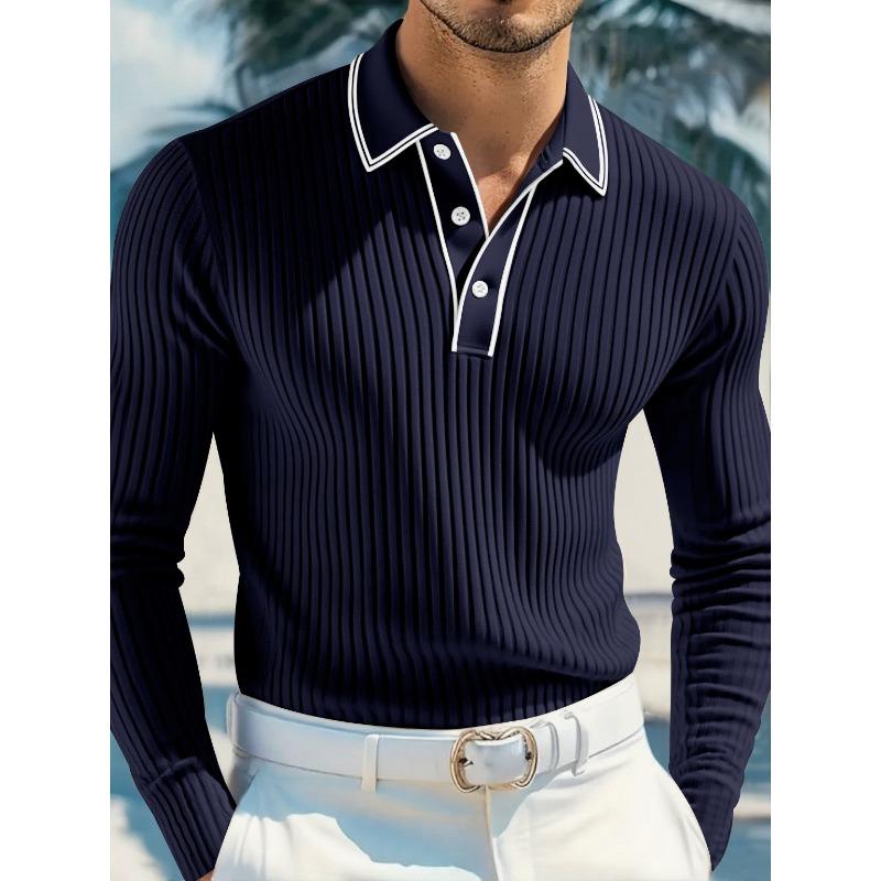 Men's White Ribbed Knit Contrast Trim Long Sleeve Polo Shirt