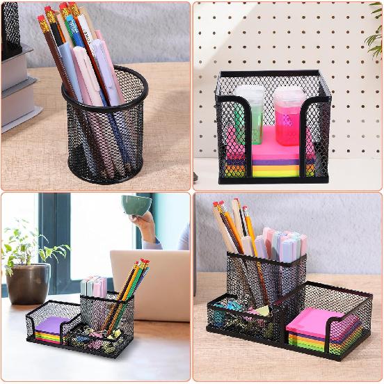 Black Mesh Pen Holder for Desk Pencil Holders 5 Pieces Desk Organizer Office Supplies Caddy with Sticky Notes Holder for Office Home