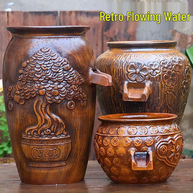 Retro Hydroponic Ceramic Flower Pot with Water Circulation, Courtyard Fish Tank, and Decorative Flowing Water Ornaments.