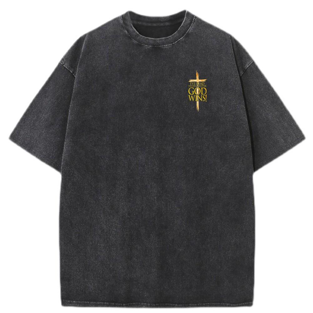 Mens Vintage Oversized Washed TShirt Cotton God Wins Faith Cross Casual Tee