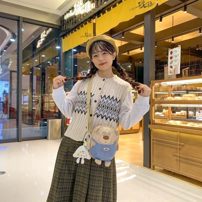 Adorable Cartoon Bear Canvas Shoulder Bag For Students Ultra-light And Cute