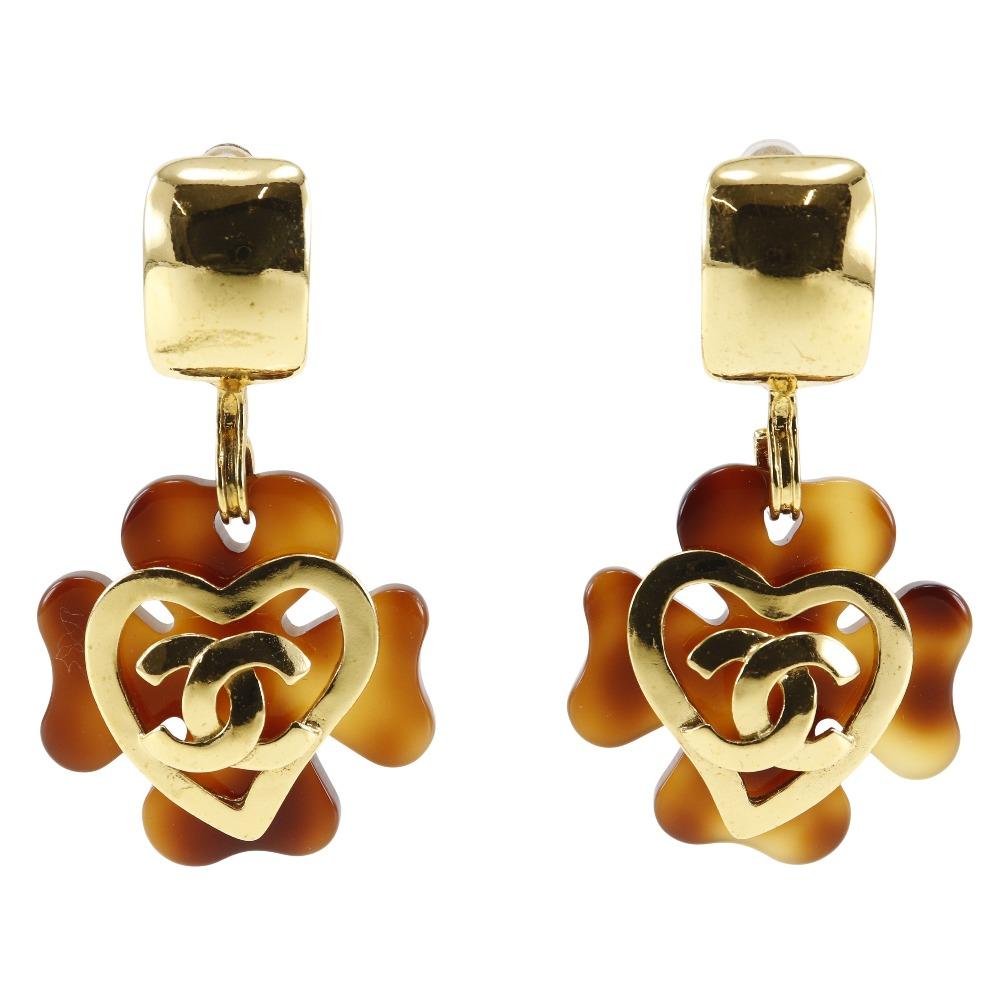 

CHANEL COCO Mark Heart Earring Clover vintage Brown Plated Gold/plastic heart 36g Women Used