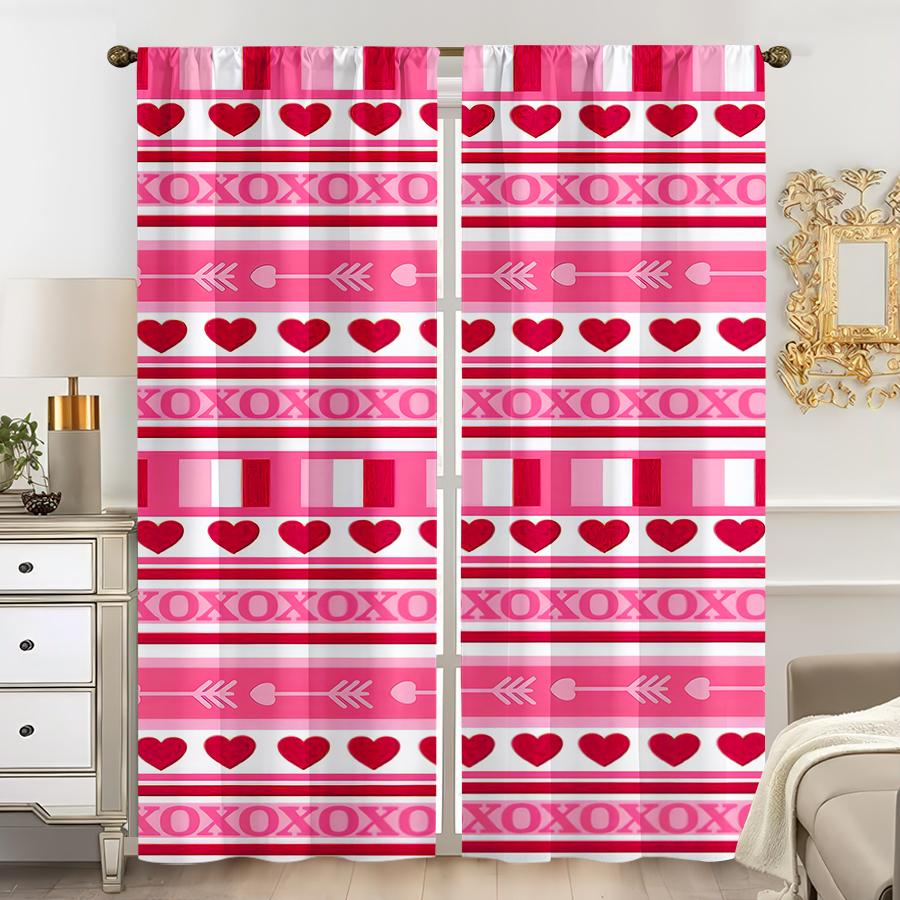 2PCS Pink Striped Heart-shaped Symbol Curtain, Sweet and Cool Style, Living Room and Bedroom, Decorative with Drawbar Pockets