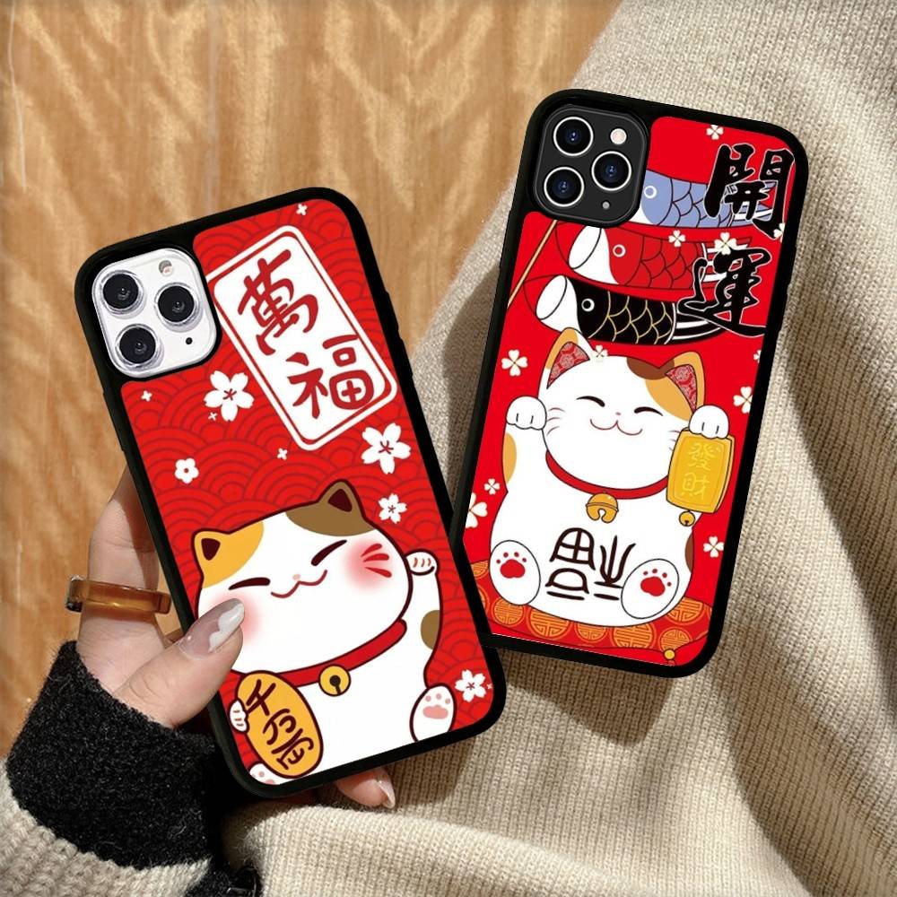 Maneki Neko Lucky Money Cat PC+TPU Phone Case For IPhone 11 12 13 14 15 16 17 Plus Pro Max Cover