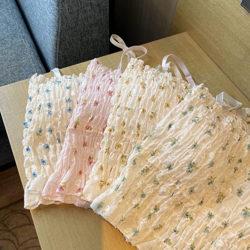 Summer Floral Suspender Women with Chest Pad Chic Small Interior Design Feeling Pleated Top