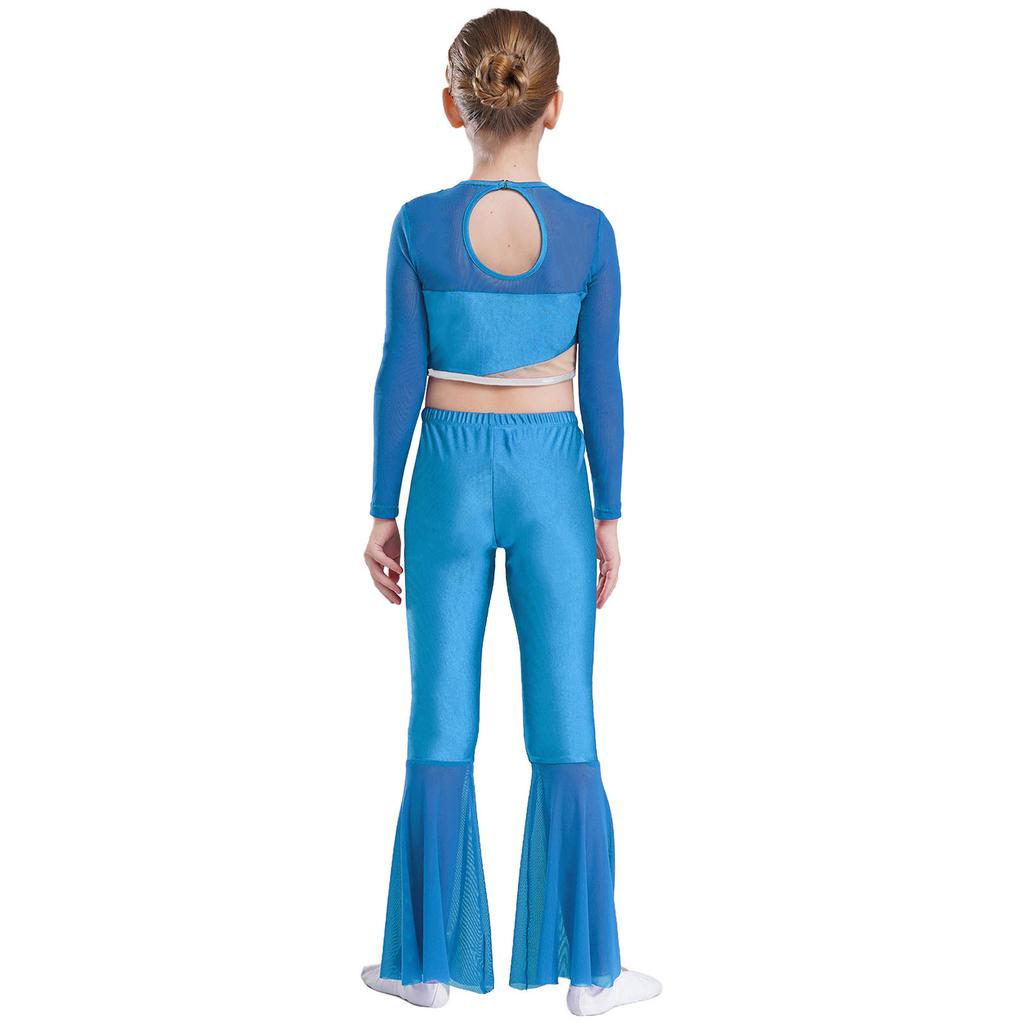 Girls Metallic Sequin Dance Set Long Sleeve Crop Top Paired with Sheer Mesh Bell Bottom Pants Performance Outfit