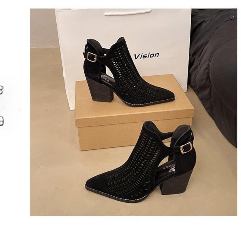 Women's retro hollowed out breathable Roman sandals summer pointed head large size thick heel high heeled sandals boots