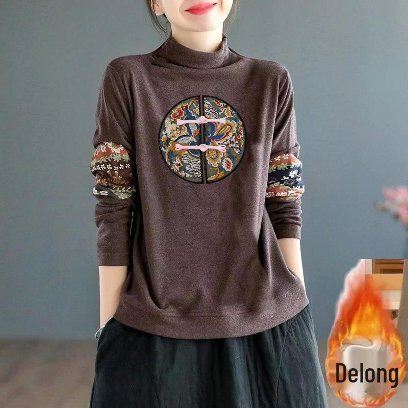 

Retro Ethnic Print German Velvet Long-Sleeve Semi-High Collar Top with Plus Velvet Lining 2XL [130-145 lbs]