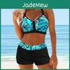 Womens Hanging Swimsuit Neck Style Light Blue Tree Shadow Print Bikini Tankini Swimsuit