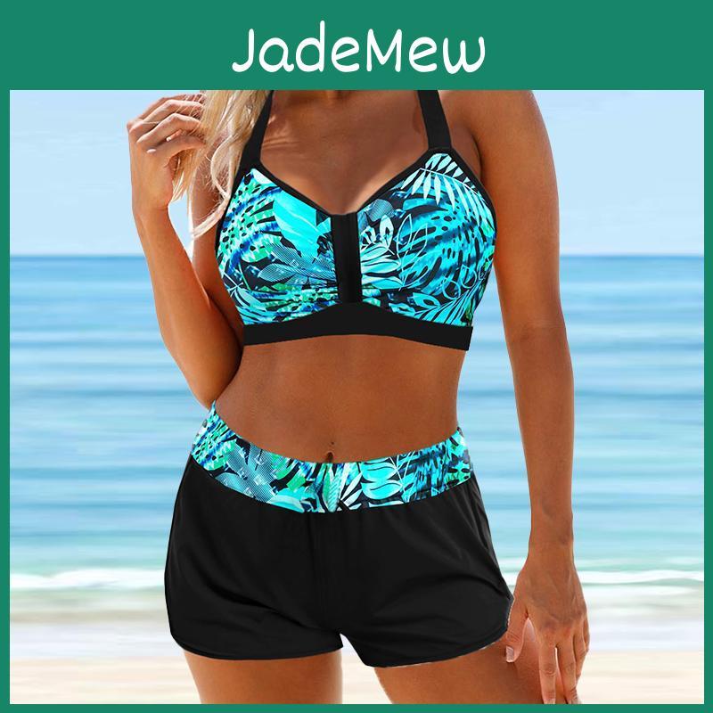 Womens Hanging Swimsuit Neck Style Light Blue Tree Shadow Print Bikini Tankini Swimsuit