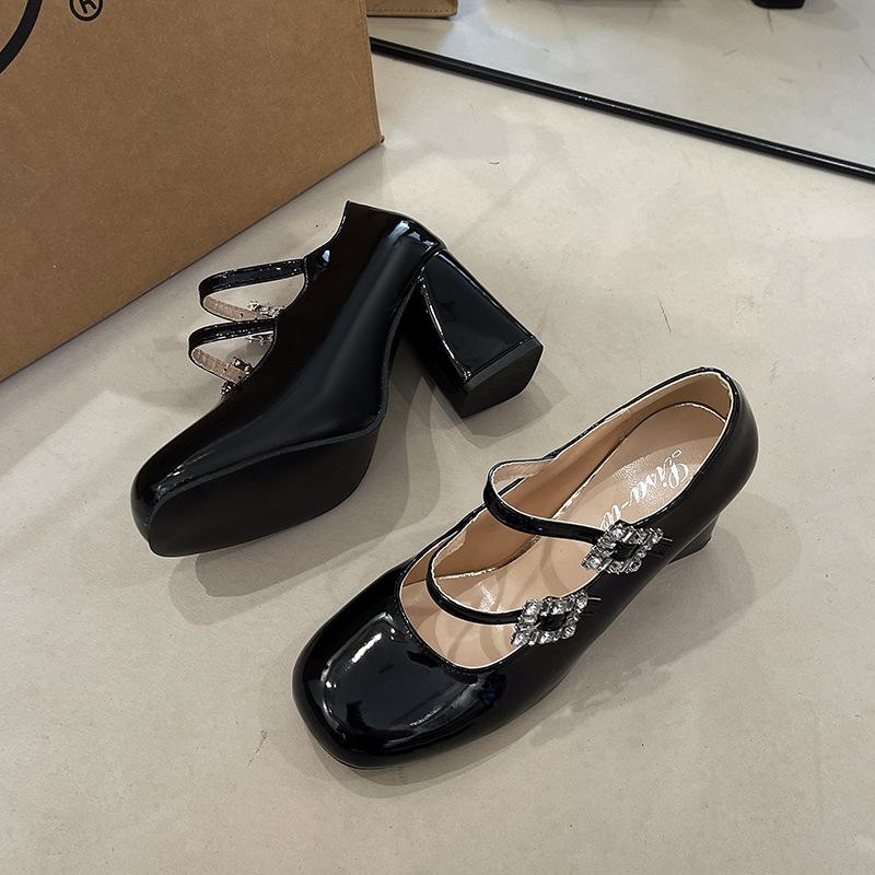 Silver Rhinestone Daughter Mary Jane Shoes High Heels Women's 2025 New Temperament Beautiful Thick Heel Light Mouth Single Shoes