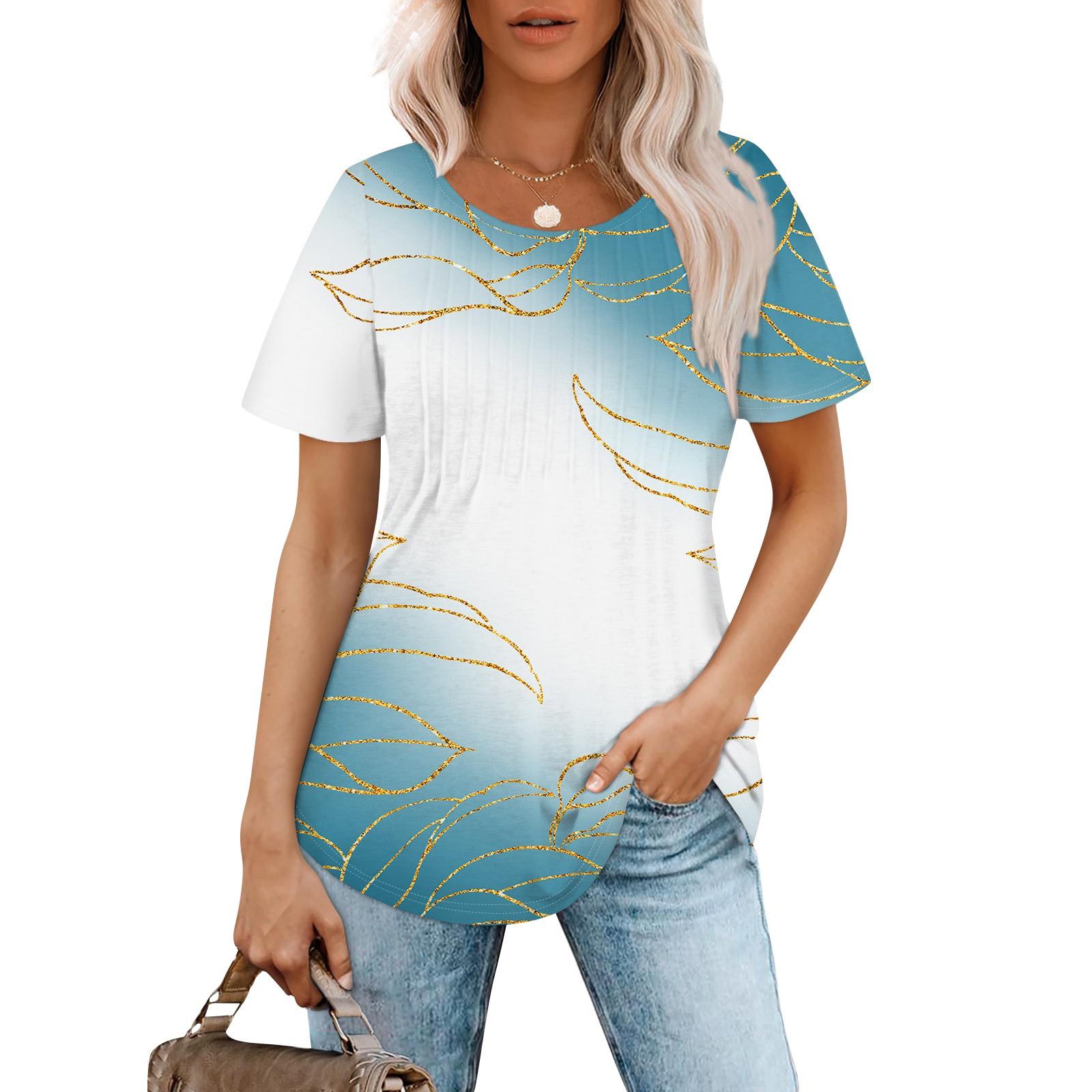 

Women s Fashionable Casual Pleated Round Neck Gradient Printed Short Sleeved T-shirt Top XL циан