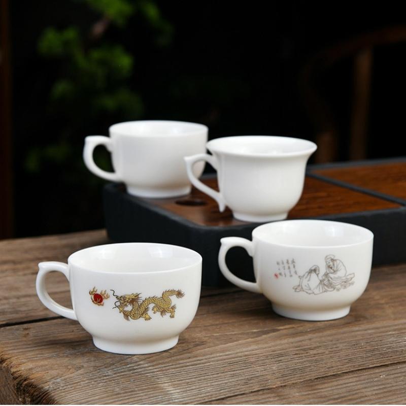 Chinese Kungfu Teacup with Heat Resistant Handle Porcelain White Jade Tea Cup for Oolong Pu erh Tea Ceremony Personal Use