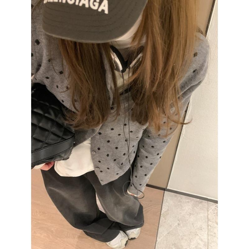 Contrast Color Polka Dot Single-breasted Sweater Cardigan Women's Autumn Soft Waxy Cotton Velvet Design Jacket Knitted Top