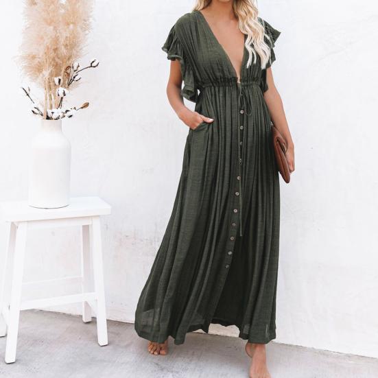 Badeanzug-Abdeckung, einfarbig, sexy, tiefes V-Ausschnitt, Rüschen-Bikinikleid