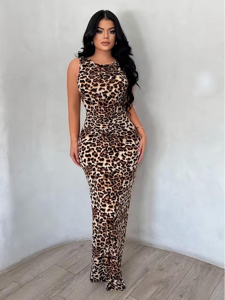 Temu 2026 Summer Women's Sleeveless Leopard Print Open-Back Dress