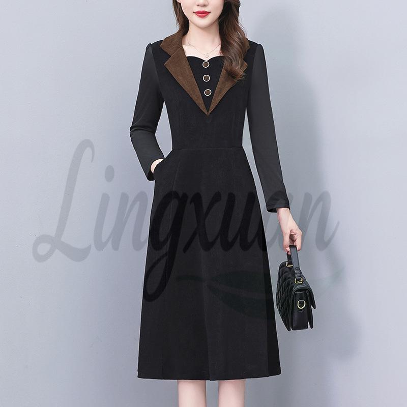 

Plus Size Corduroy Color Block Bodycon Dress - Long Sleeve, Mid-Length, Slim Fit for Autumn Winter 4XL чорний