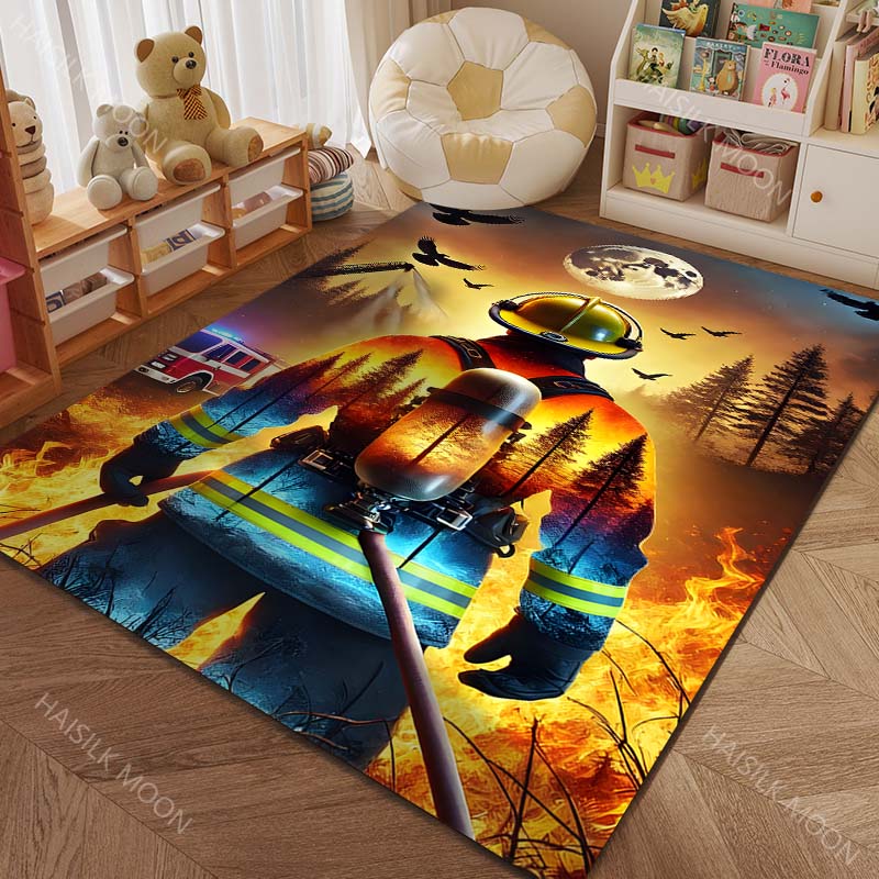 1PC Firefighter with forest fire Pattern Rug Carpets for Bedroom Living Room Sofa Mat Creative Door Mat Cloakroom Home Decor