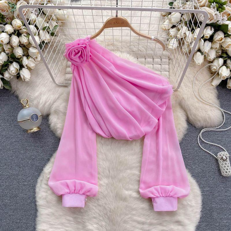 Shirt for Women 2024 New Design Sense Three-Dimensional Flower Diagonal Collar off-the-Shoulder Puff Sleeves French Tops Women's Spring Fashion