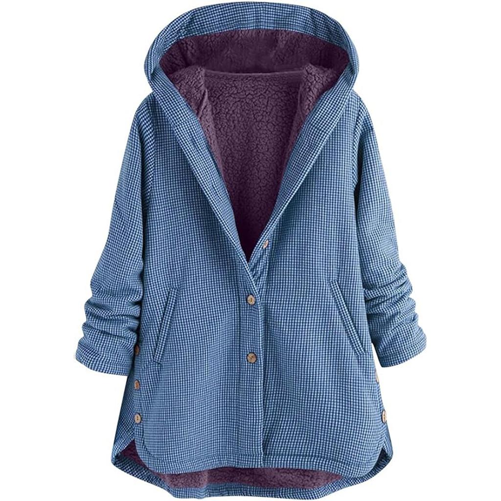 Women's Plaid Jacket Flannel Jacket Button Hooded Warm Coat