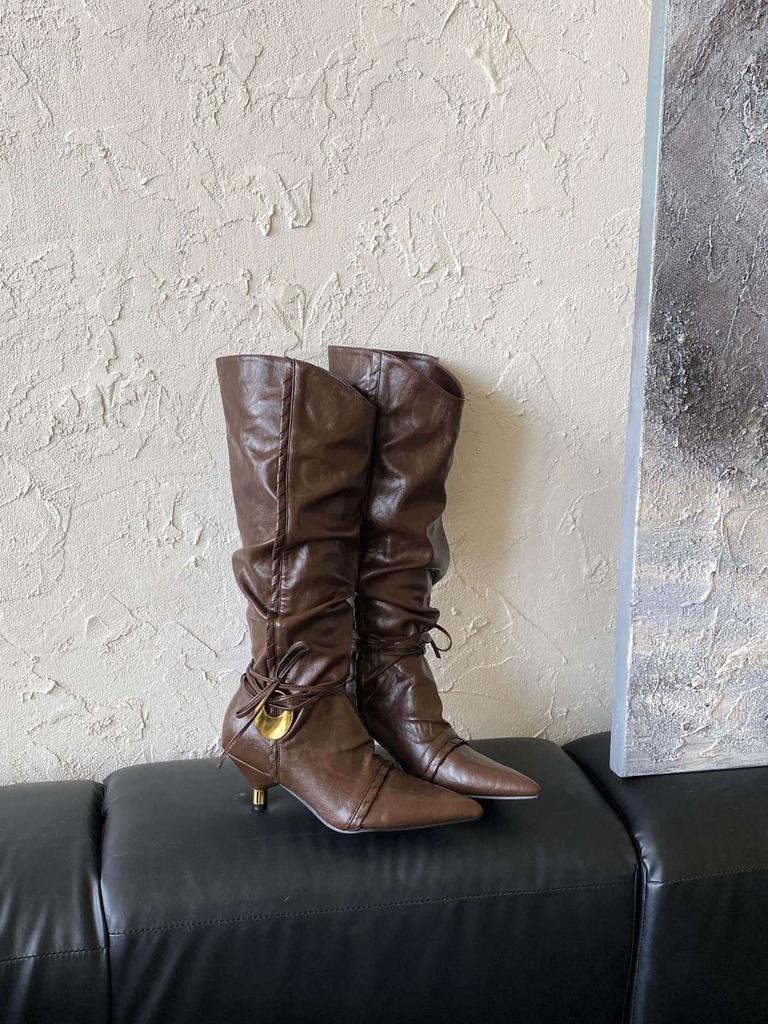 2025 autumn and winter new fashion niche string rope cone heel pointed western cowboy boots stacking boots boots long boots