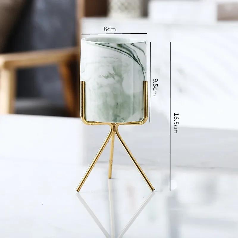 Nordic Ceramic Iron Art Marble Vase Pattern Rose Gold Green Table Plant Pot For Home Office Vases Decor Succulent Flower Pot