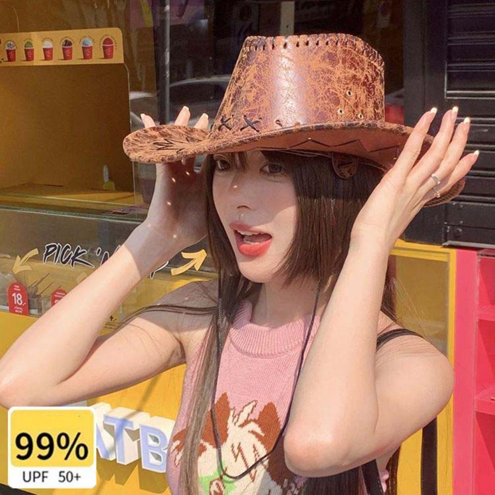 Knight Hat Summer Sun Hat PU Leather Sunscreen Cap Casual Western Cowboy Hat  Summer