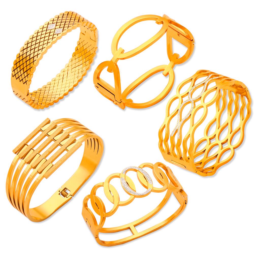Gold Rhinestone Geometric Multi-layer Titanium Steel Bracelet for Women with Spring Clasp