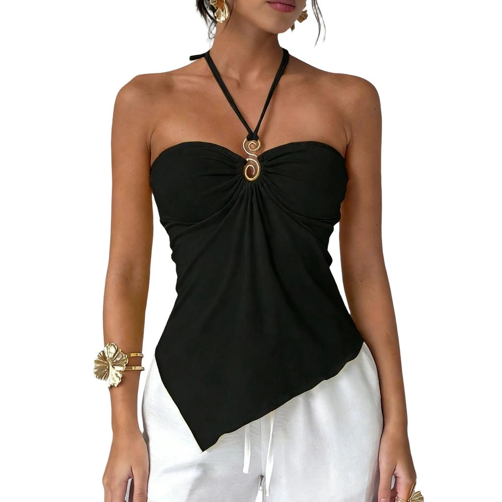 Women's Halter Neck Tube Top Metal Ring Detail Strapless Asymmetric Hem Summer Casual Camisole Vest