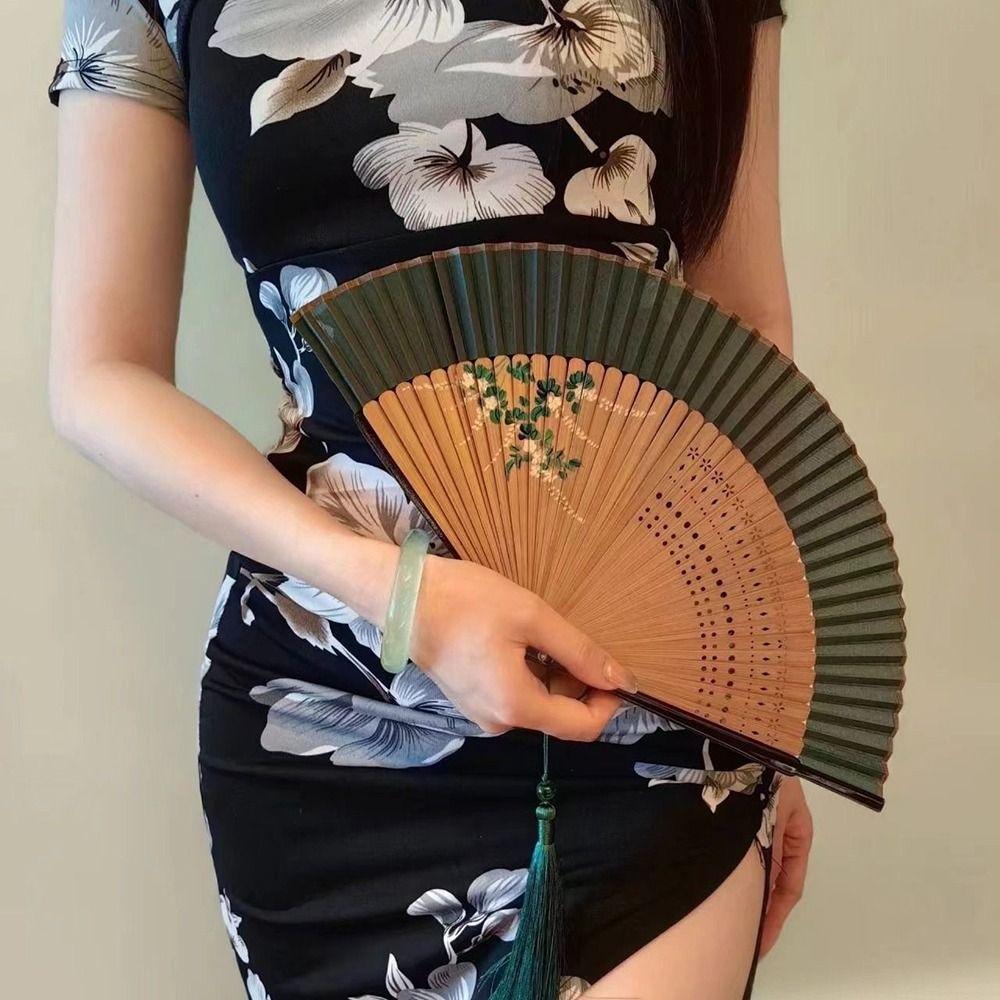 Elegant Carved Bamboo Folding Fan Flower Tassel Folding Fan Portable Handheld Fan  Wedding