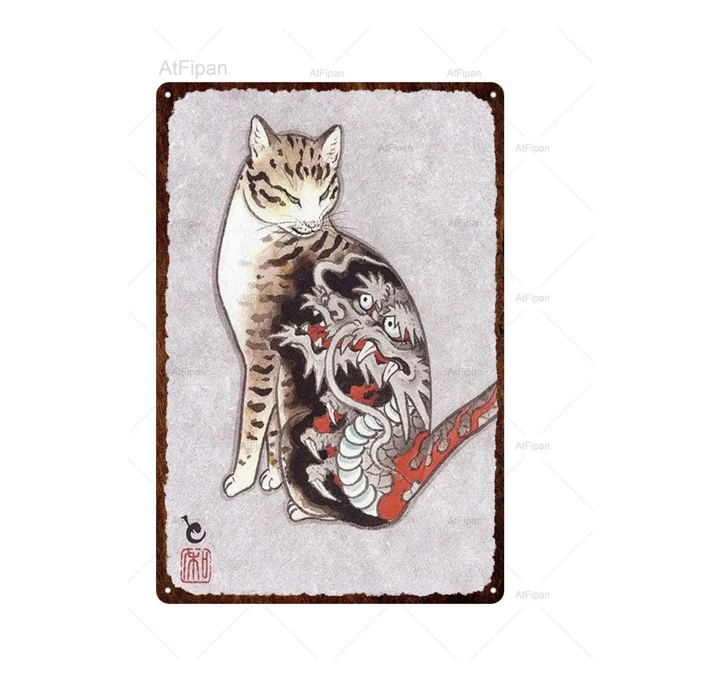 Vintage Japanese Samurai Cat Tin Sign  Retro Metal Wall Art for Home Decor  xCM  Unique Animal Tattoo Design