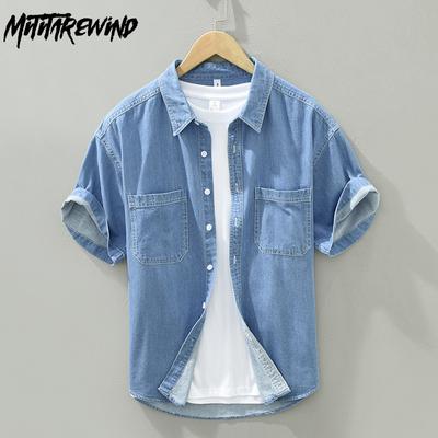 Korean Simple Style Summer Shirt for Male Daily Casual Denim Short Sleeve Shirt Square Collar Double Pocket Button Shirt 99% Cotton Men Tops