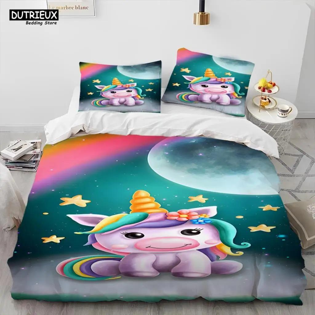 Einhorn Niedlich Cartoon Bettdecke Bettwäsche Set,Bettbezug Bett Set Bettdeckenbezug Kissenbezug,Queen Bettwäsche Set
