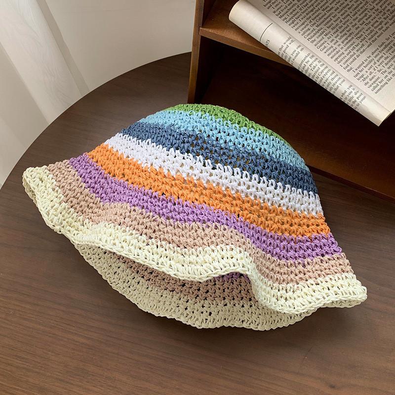 

Хён-а стиль радужная соломенная шляпа-ведро женская летняя дышащая солнцезащитная шляпа-ведро с солнцезащитным кремом корейская версия видимое лицо маленькая соломенная шляпа M（56-58cm） розовый