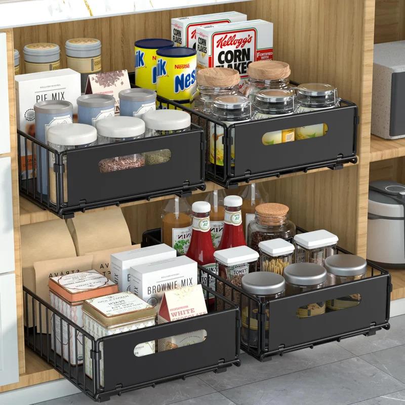 1pc/2pcs Pull-Out Cabinet Organizer Slide-Out Drawers Peel-and-Stick Heavy-Duty Kitchen Cupboard Storage Shelf Organizer
