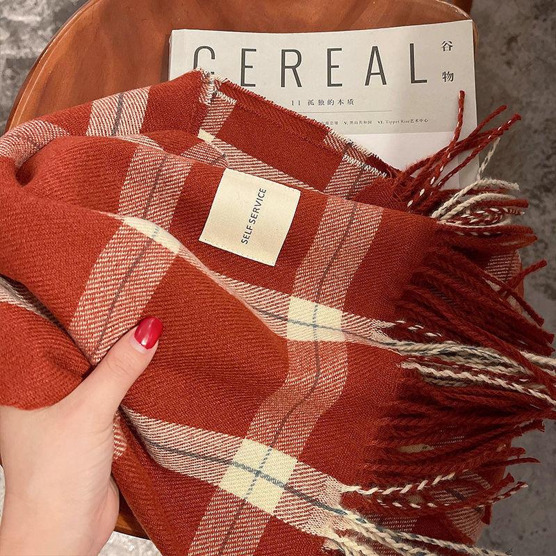 Red Plaid Imitation Cashmere Scarf Women's Fashion Autumn and Winter Warm Scarf Fringed Scarf Lightweight Autumn/Winter Blanket Wrap for Casual Outing
