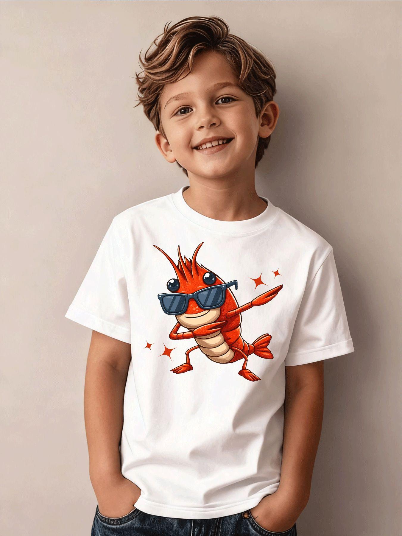 Boys Summer Crew Neck Short Sleeve T-Shirt with Cartoon Crayfish Print 110
