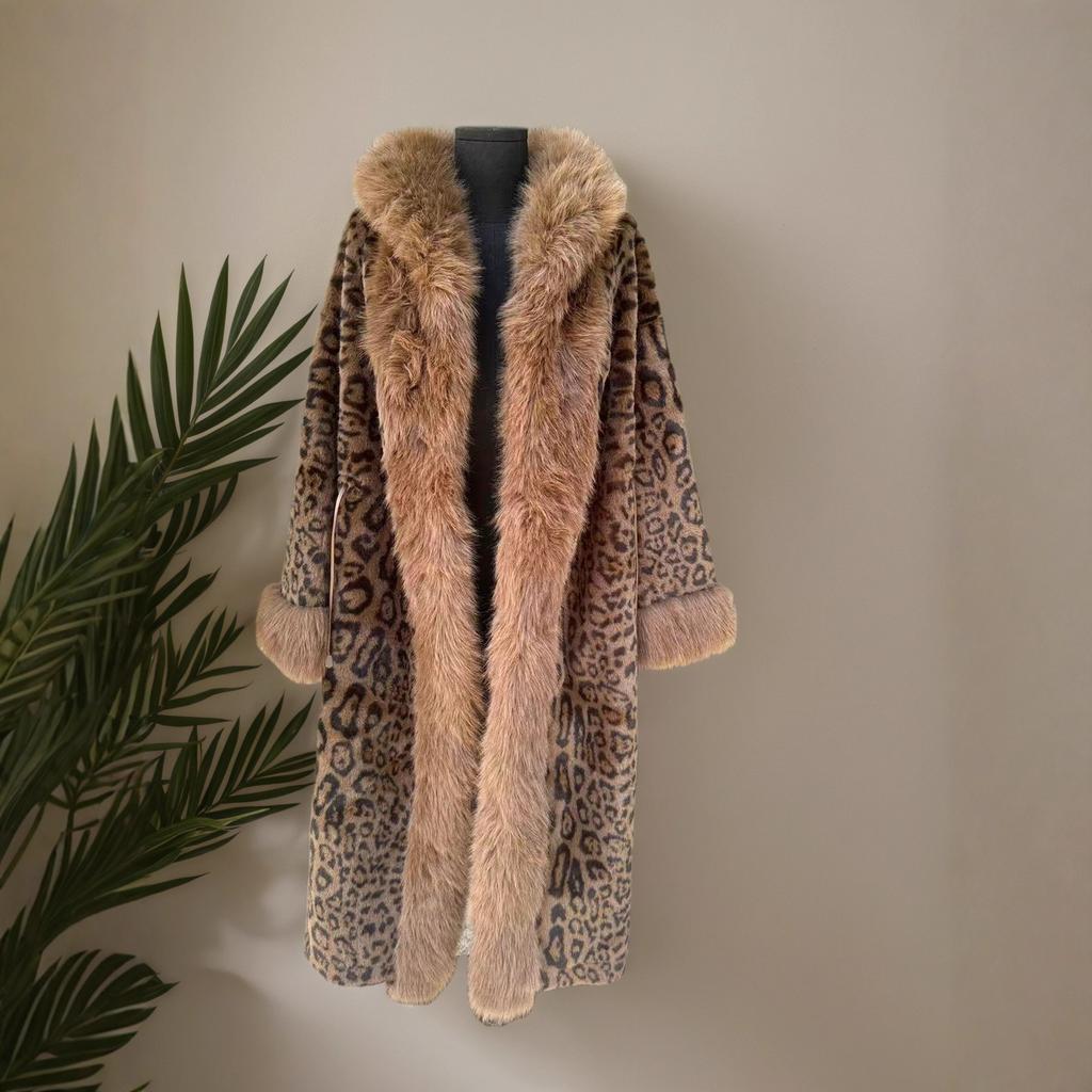 25 European and American Fashion Leopard Print Long Hooded Faux Mink Fur Coat for Women